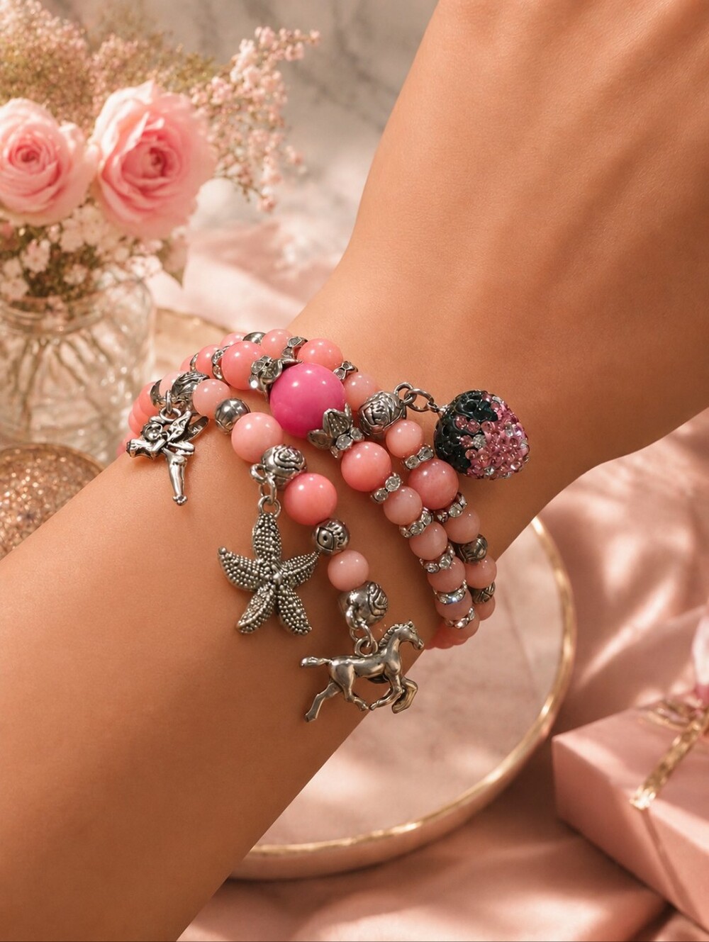 Rose Quartz Charm Bracelet Starfish Horse Angel Strawberry Stretch Bracelet